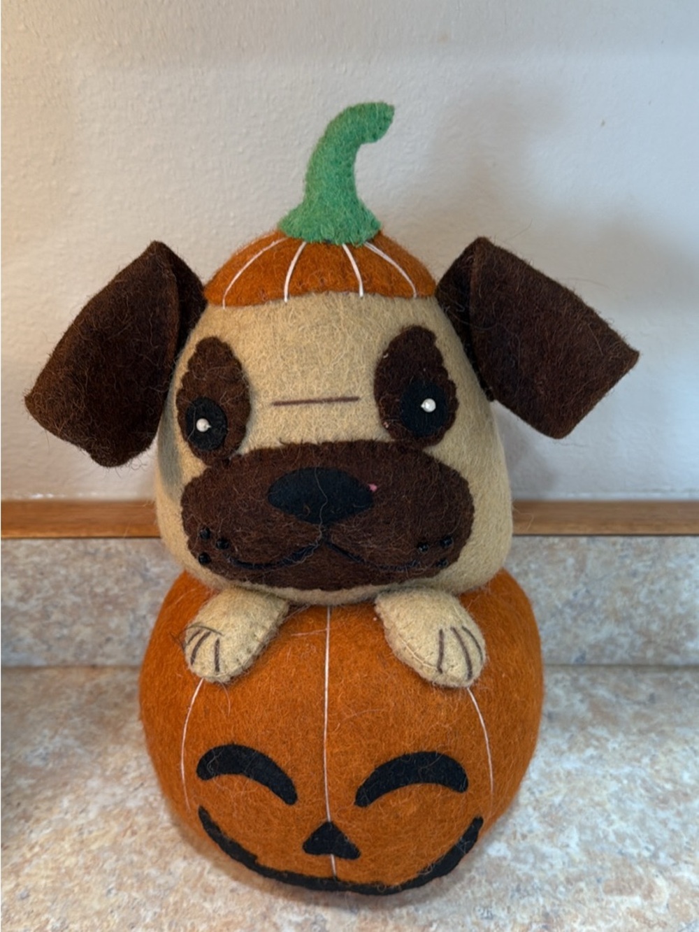 Holiday Plush Pug Pumpkin Figurine - Beige and Brown